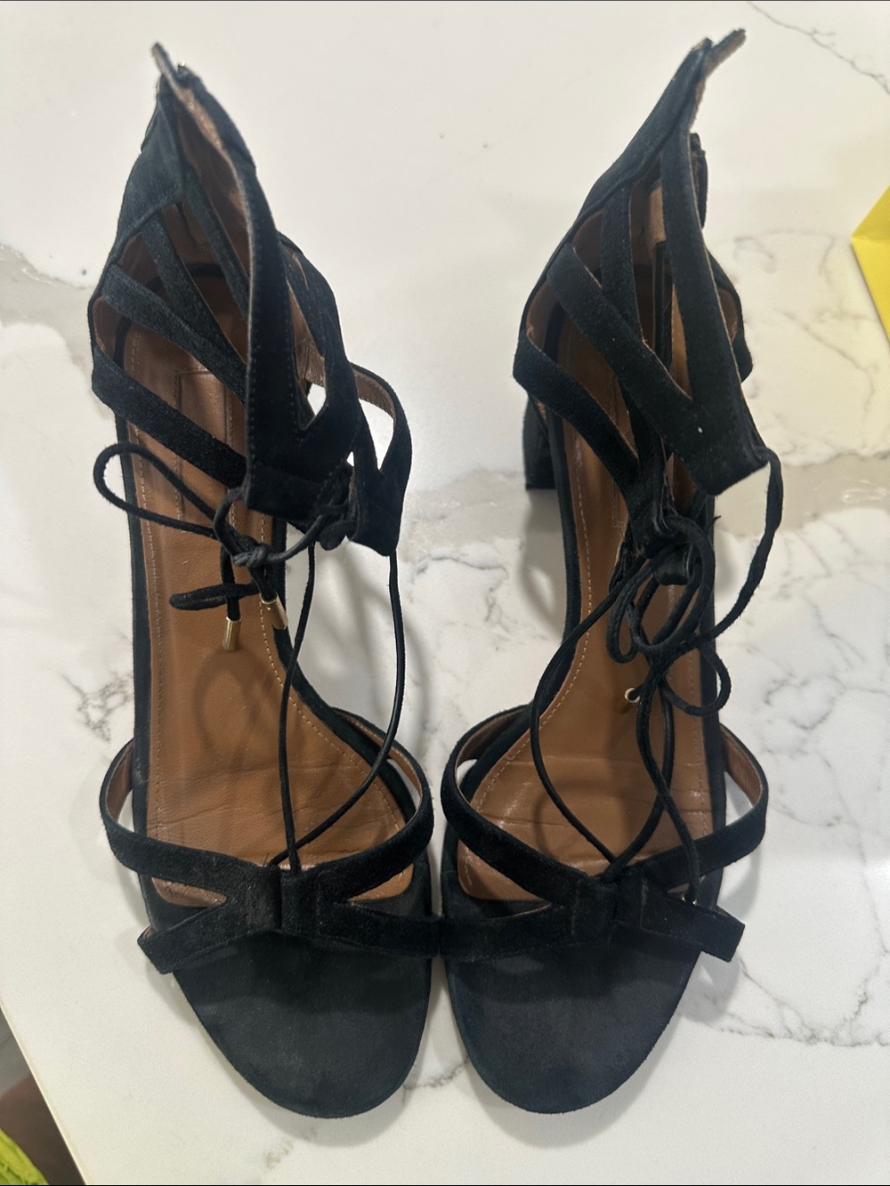 Aquazzura Black Suede Lace-Up Stiletto Sandals